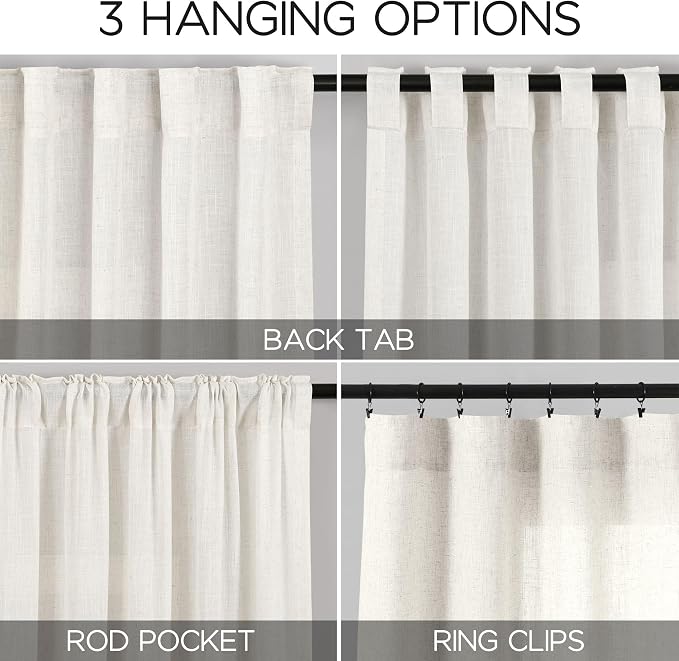 Nanspring Beige White Linen Curtains 102 Inches Long Rod Pocket Back Tab Drapes - Image 2