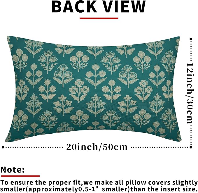 Teal Pillow Covers 12x20 Inch Set of 2, Cream Floral Block Print Pattern Lumbar - Image 3