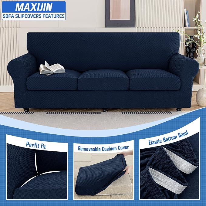 MAXIJIN 4 Piece Couch Covers for 3 Cushion Couch Super Stretch Non Slip Couch - Image 3