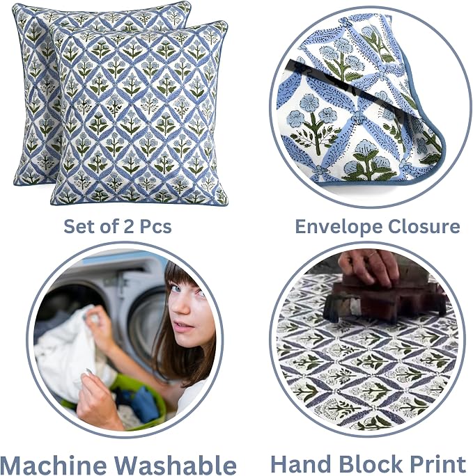 Ridhi Block Print Light Steel Blue Pillow Cover 24" x 24" Decorative Couch - Image 4