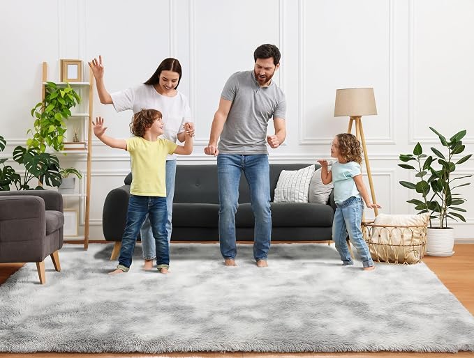 ONASAR 6x9 Area Rugs for Living Room, Large Tie-Dyed Light Grey Fluffy Shag Rug - Image 9