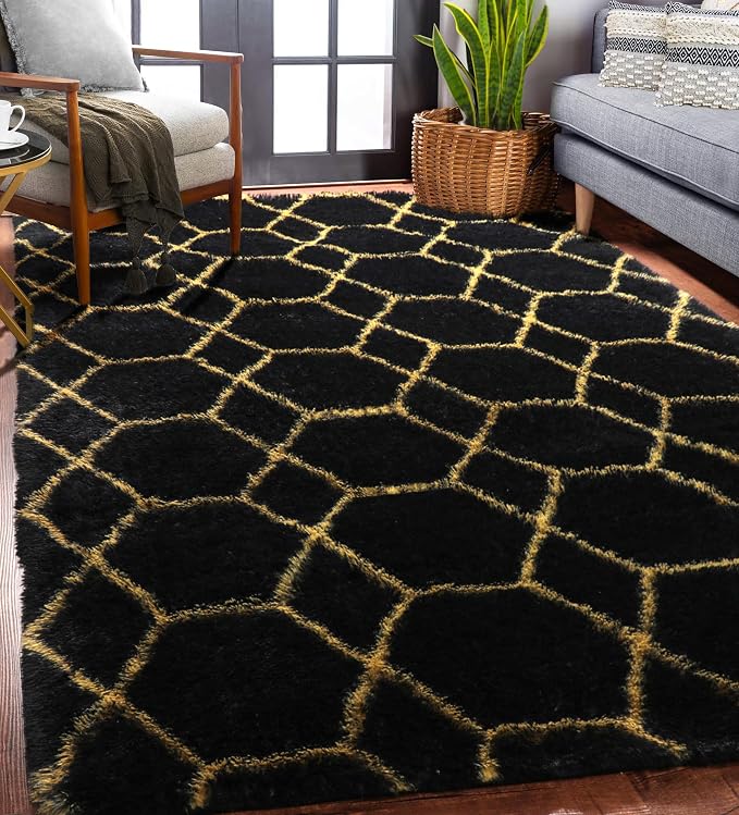 ONASAR 5x8 Rugs for Living Room Bedroom, Fluffy Black and Gold Area Rug - Image 3
