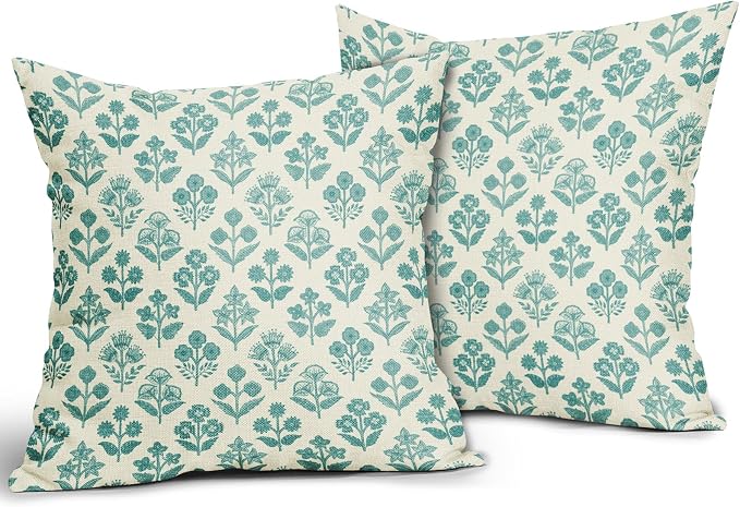 Teal Floral Pillow Covers 20x20 Inch Set of 2, Vintage Flower Block Print - Image 2