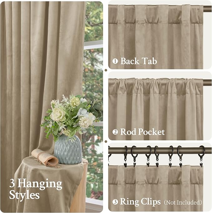 LAMIT Taupe Velvet Curtains for Living Room, 102 Inch Room Darkening Panels - Image 3