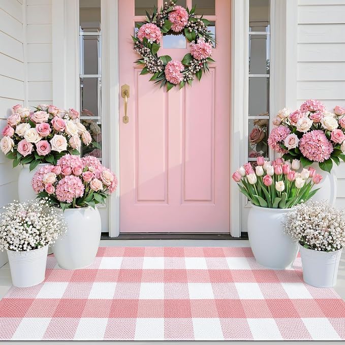 OLANLY Buffalo Plaid Rug 2' x 3' – Pink and White Cotton Checkered Doormat - Image 7