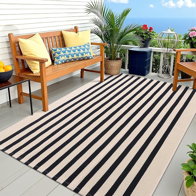 OLANLY Beige and Black Striped Rug 4' x 6' – Washable Cotton Doormat - Image 7