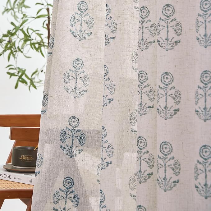 jinchan Linen Floral Curtains for Living Room 63 Inch Length Blue Flower - Image 3