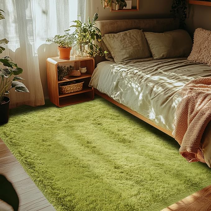Green Area Rug for Bedroom: 3x5 Plush Shag Carpet-Modern Fuzzy Furry Soft Rugs by CAIYUECS