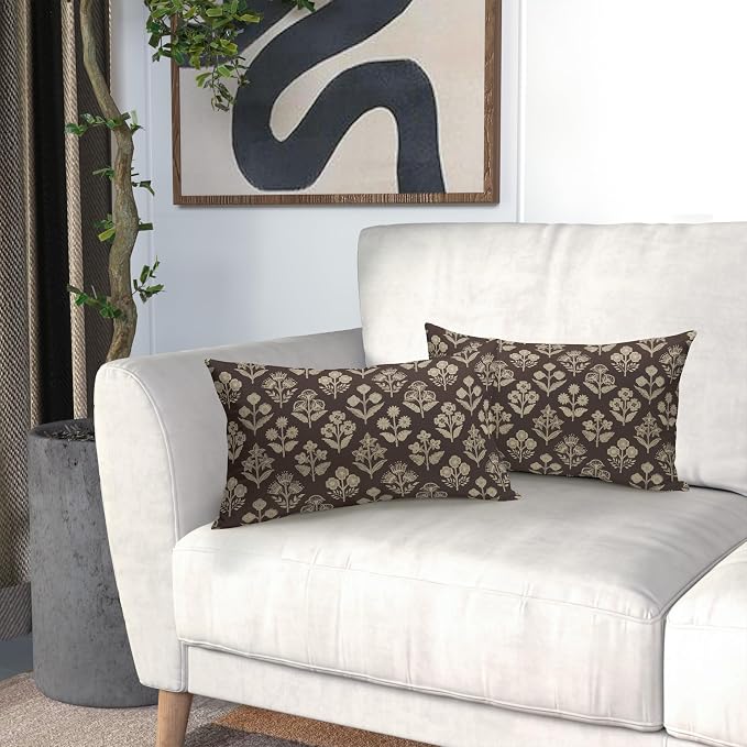 Drak Brown Pillow Covers 12x20 Inch Set of 2, Cream Floral Block Print Pattern - Image 6