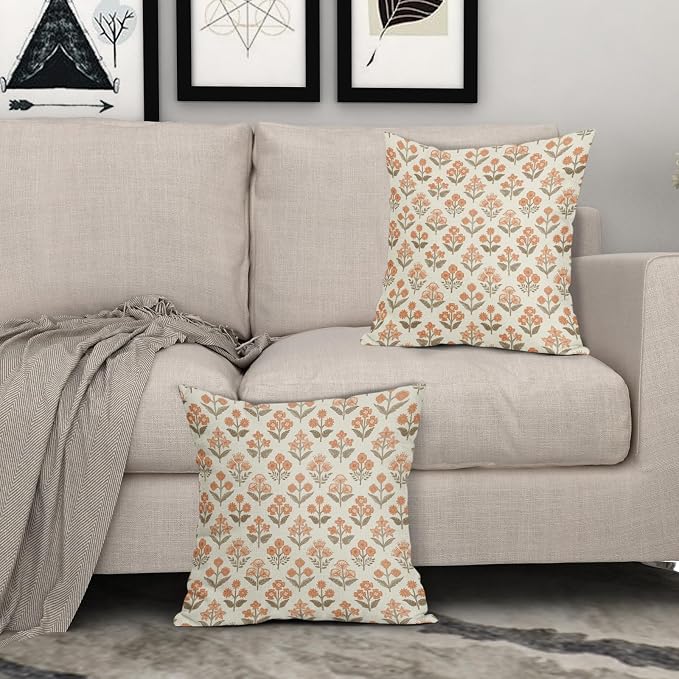 Brown Orange Floral Block Print Pillow Covers 18x18 Inch Set of 2, Vintage - Image 3