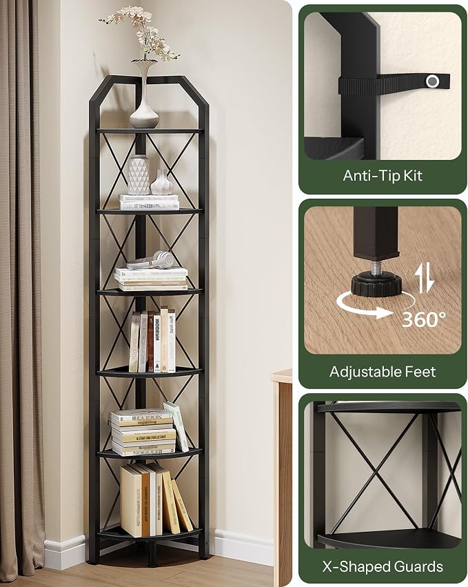 CHOEZON 6-Tier Corner Shelf, Industrial Corner Bookshelf, 71.2" Display Storage - Image 6