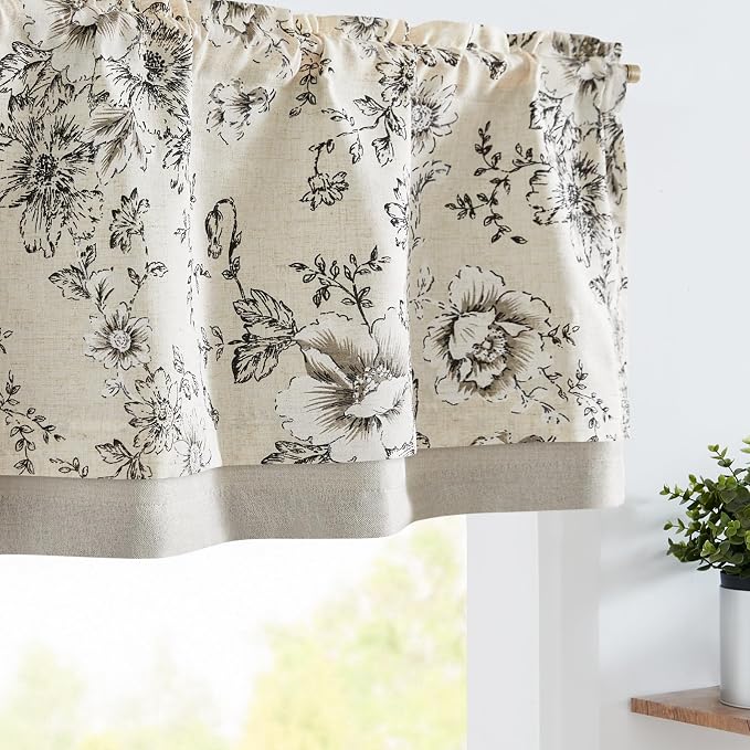 jinchan Linen Valance Curtain Farmhouse Black Floral Small Window Curtain by JINCHAN