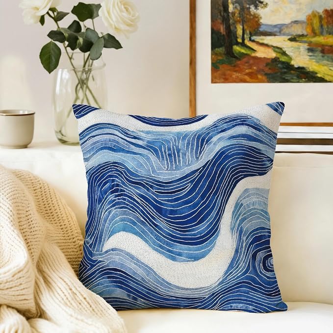 Navy Blue and White Wavy Throw Pillow Covers 18x18 Set of 2, Modern Abstract - Image 4