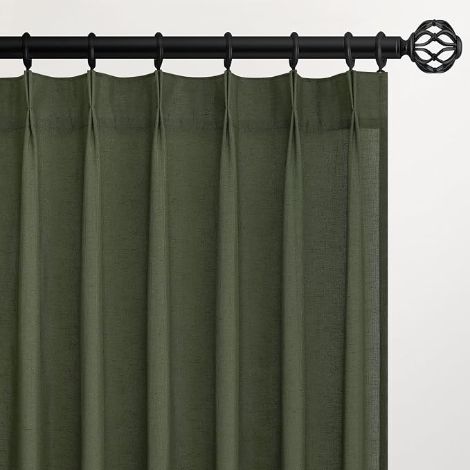 Olive Green Linen Semi Sheer Curtains 86 Inches Long, Spring Boho Natural by Topfinel