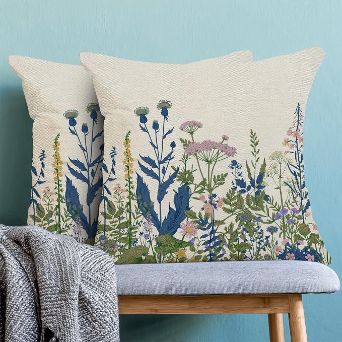 AEIOAE Navy Blue Teal Pillow Covers 18x18 Inch Set of 2, Spring Wildflower - Image 2