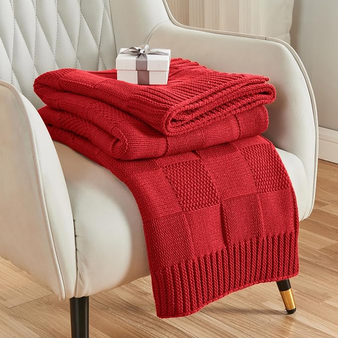 CozeCube Check Knit Throw Blanket, Christmas Red Checkered Bedroom Blanket by CozeCube