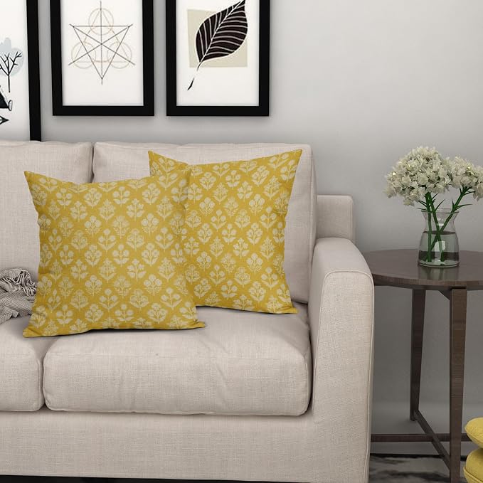 Yellow Floral Block Print Pillow Covers 20x20 Inch Set of 2, Vintage Flower - Image 7
