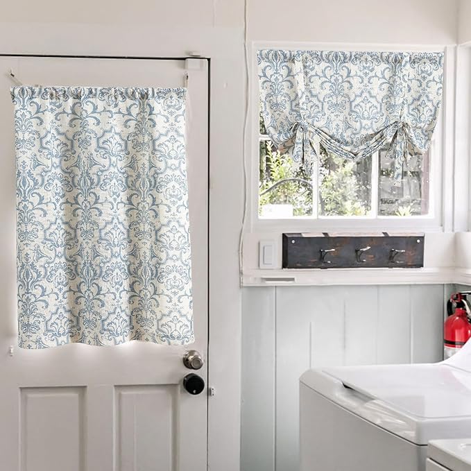 jinchan Linen Tie Up Valance for Flax Floral Drapes Vintage Farmhouse Medallion - Image 9