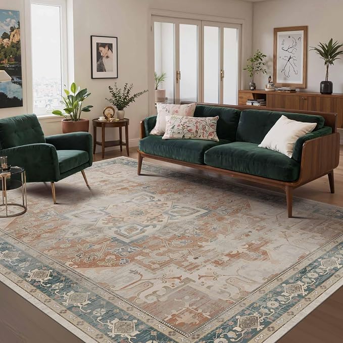 Rugxara 6X9 Orange Boho Rug, Large Washable Area Rugs by Rugxara