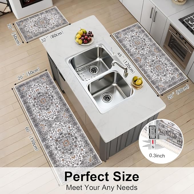 HEBE Farmhouse Kitchen Rugs Sets of 3 Non Slip Washable Boho Kitchen Rugs and - Image 2