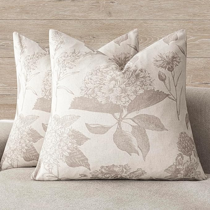 Foindtower Set of 2 Linen Floral Vintage Throw Pillow Covers Neutral Accent by Foindtower