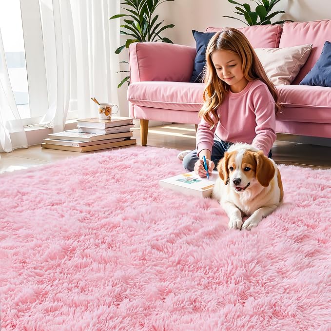 KCHOWUA Pink Fluffy Shag Rug for Bedroom Girls, Modern Soft Cute Shaggy Furry - Image 2