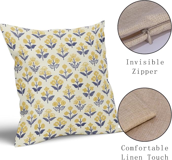Navy Blue Yellow Floral Block Print Pillow Covers 16x16 Inch Set of 2, Vintage - Image 4