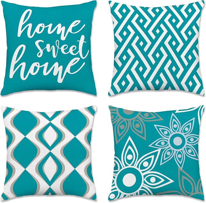 Hexagram Teal Geometric Pillow Covers 18x18 Set of 4, Decorative Outdoor Modern by Hexagram