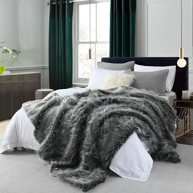 Luxury Faux Fur Blanket Queen Size, Ultra Big Grey and Black High Pile Mixed by HORIMOTEHOME
