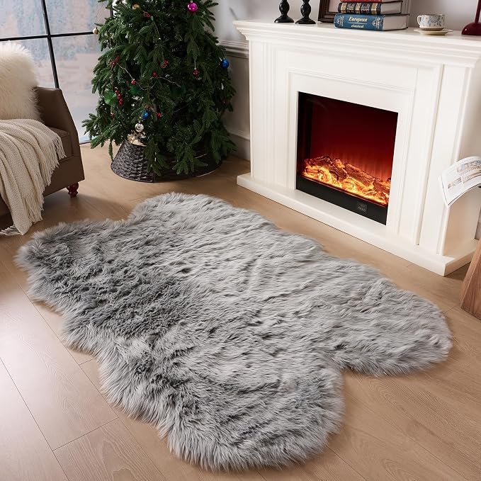 Fluffy Faux Fur Rug Grey Sheepskin Area Rug, 4x6 Ft Ultra Soft Shaggy Plush Rug - Image 2