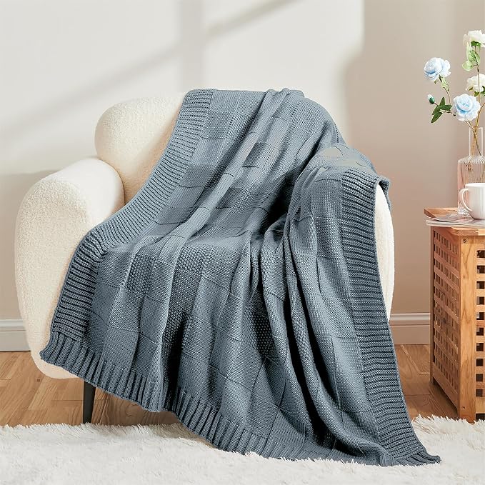 CozeCube Check Knit Throw Blanket, Dusty Blue Checkered Throw - Image 3