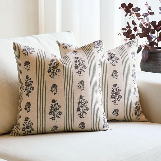 Amor Virisso Floral Throw Pillow Covers 22x22 Set of 2 Block Print Pillow by AffordableFloralPrintMaker
