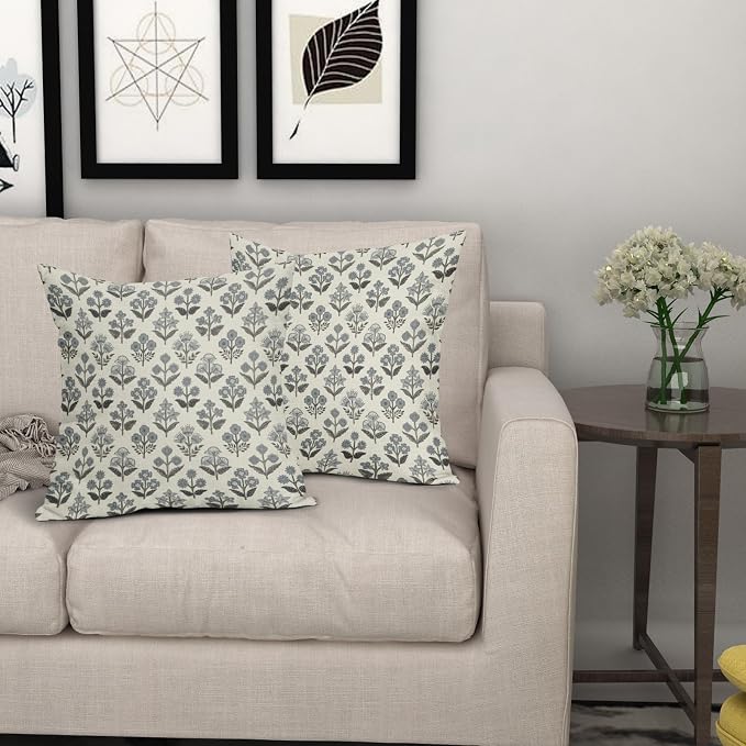 Black Dusty Blue Floral Pillow Covers 22x22 Inch Set of 2, Vintage Flower Block - Image 7