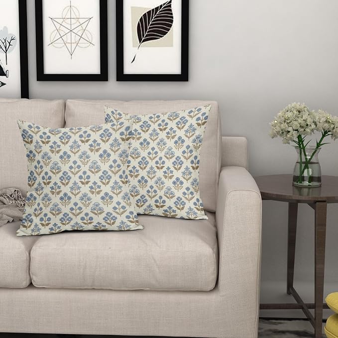 Brown Blue Floral Pillow Covers 22x22 Inch Set of 2, Vintage Flower Block - Image 7