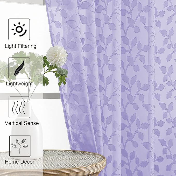 Chyhomenyc Light Purple Sheer Curtains 24 Inch Length, Light Filtering Leaf - Image 3