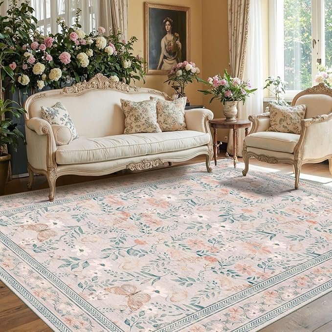 Rugxara Pink Floral 5x7 Washable Area Rug, Vintage Boho Non Slip, Low Pile Rugs - Image 2