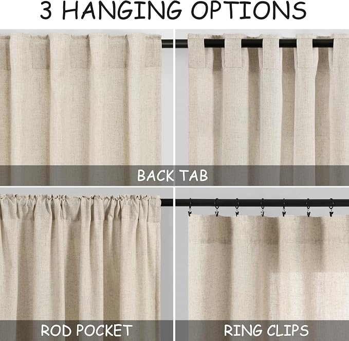 Nanspring Beige Linen Curtains 63 inches Long - Image 3