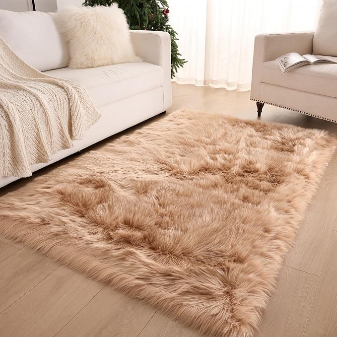 Fluffy Faux Fur Rug Brown Sheepskin Area Rug, 4x6 Ft Ultra Soft Shaggy Plush Rug - Image 4