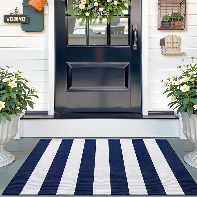 OLANLY Navy and White Striped Rug 2'4" x 3'7" – Washable Cotton Indoor Outdoor by OLANLY
