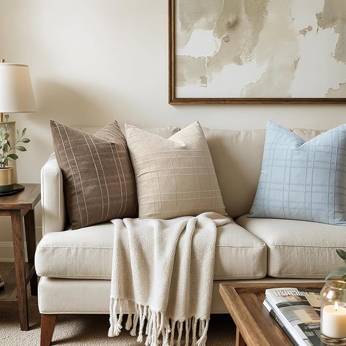 MIULEE Decorative Linen Check Throw Pillow Covers Neutral Farmhouse Vintage - Image 3