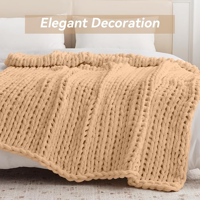 Negwoo Chunky Knit Throw Blanket, Handmade Beige Crochet Big Thick Blanket - Image 3