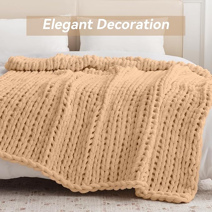 Negwoo Chunky Knit Throw Blanket, Handmade Beige Crochet Big Thick Blanket - Image 3