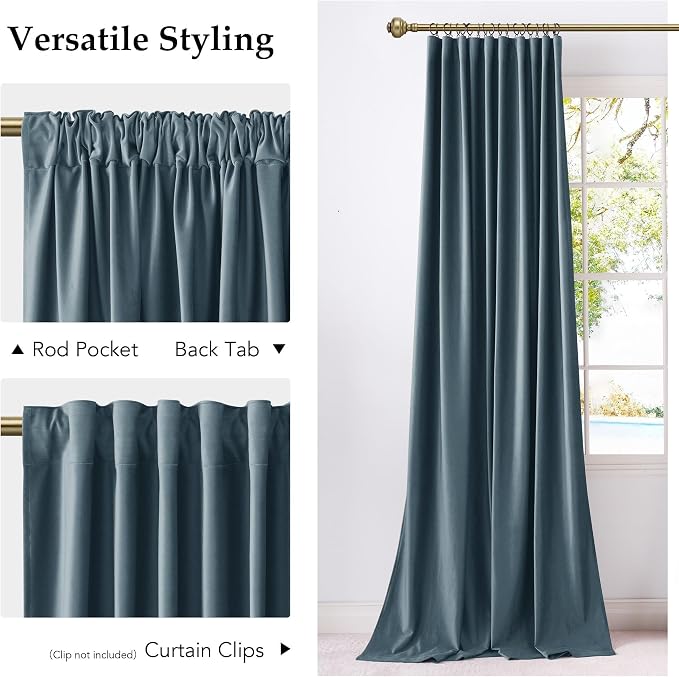 NICETOWN Slate Blue Velvet Curtains 84 inch Long 2 Panels, Back Tab Rod Pocket - Image 5