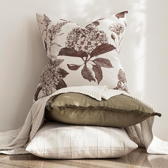 Foindtower Set of 2 Linen Floral Throw Pillow Covers Neutral Vintage Print - Image 5