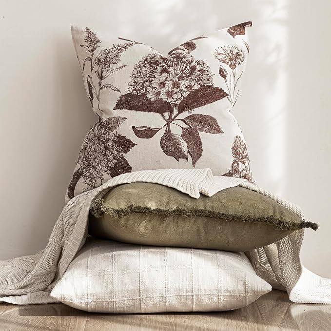Foindtower Set of 2 Linen Floral Throw Pillow Covers Neutral Vintage Print - Image 5