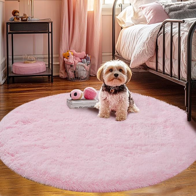 Round Fluffy Pink Rug 4x4ft: Ultra Soft Furry Girls Bedroom Carpet- Oval Plush - Image 2