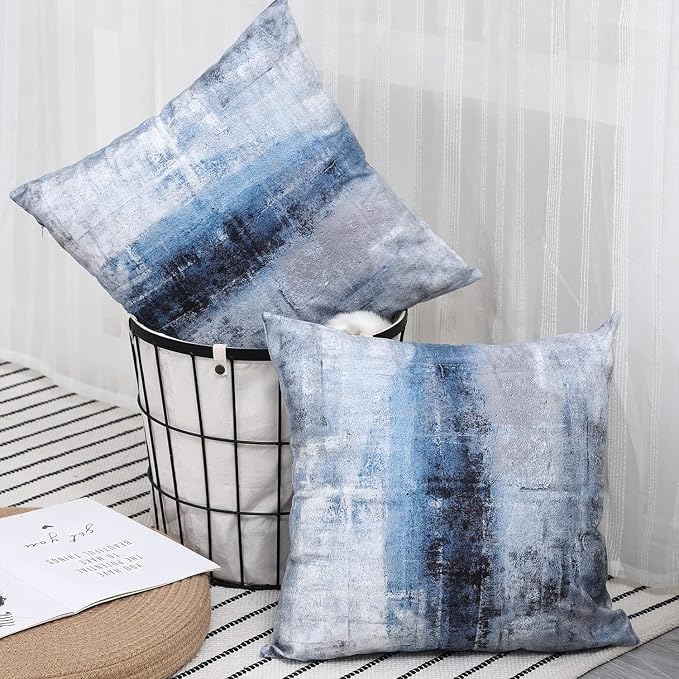 Blue and Grey Throw Pillow Cover Pack of 2, Abstract Art Gallery Modern - Image 5