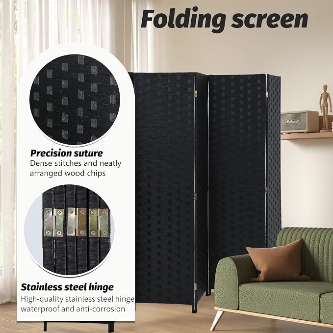 FDW Room Divider 6 Panels Wood Mesh Hand-Woven Design Indoor Folding Portable - Image 4