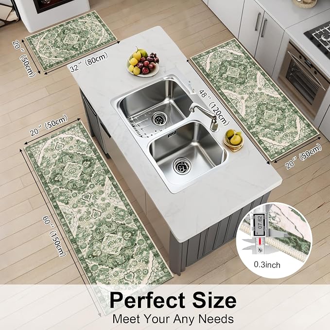 HEBE Farmhouse Kitchen Rugs Sets of 3 Non Slip Washable Boho Kitchen Rugs and - Image 2