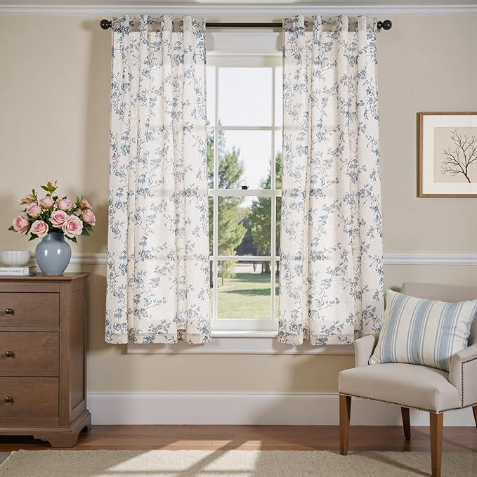jinchan Linen Floral Curtains 63 Inch Farmhouse Country Flower Drapes Rustic by JINCHAN